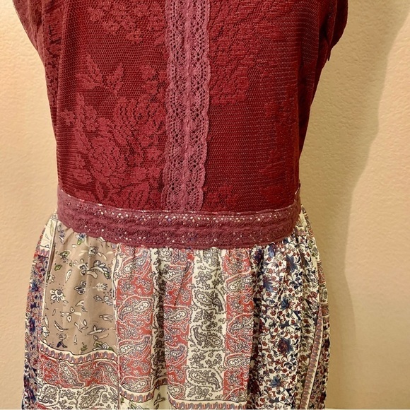 Doe & Rae Mini Dress Large Burgundy Floral Lace Patchwork Skirt Ivory Boho Flowy - Picture 4 of 16